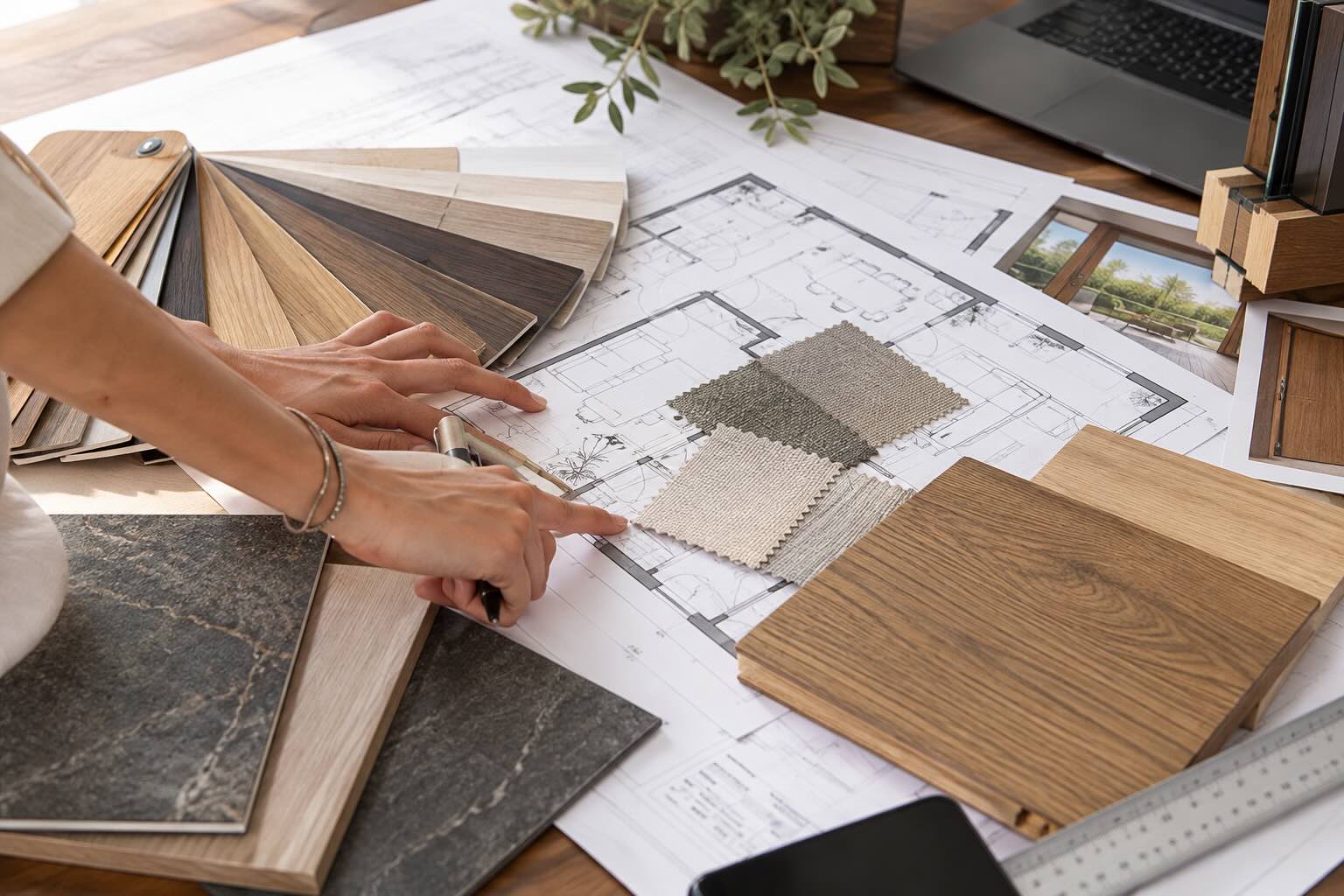 Progettazione d’interni tra campioni di legno e planimetrie