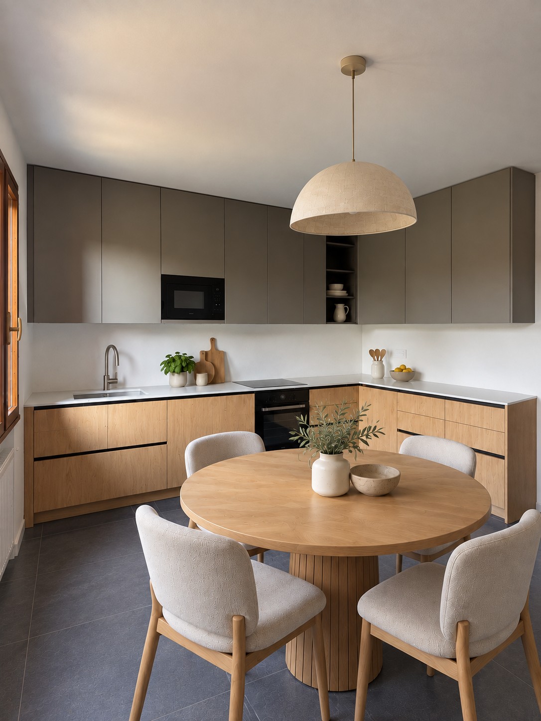 Cucina su misura con basi in rovere, pensili grigi e tavolo rotondo in legno - Farm Legno